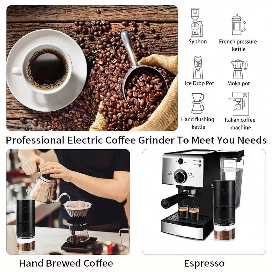 1500mAh Electric Coffee Burr Grinder with Externally Adjustable Type-C Charging - Bean Grinding Machine and Coffee Maker