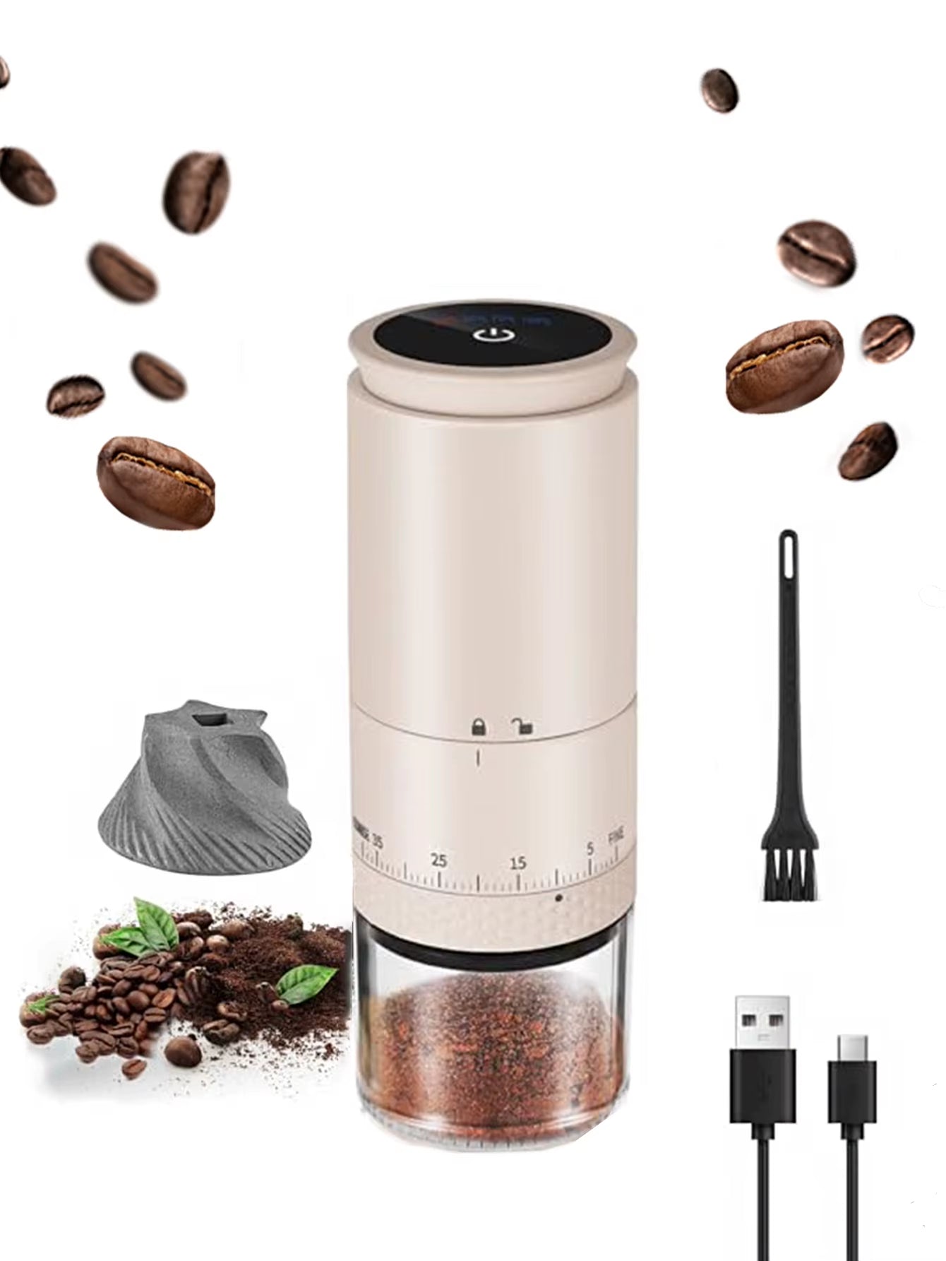 1500mAh Electric Coffee Burr Grinder with Externally Adjustable Type-C Charging - Bean Grinding Machine and Coffee Maker