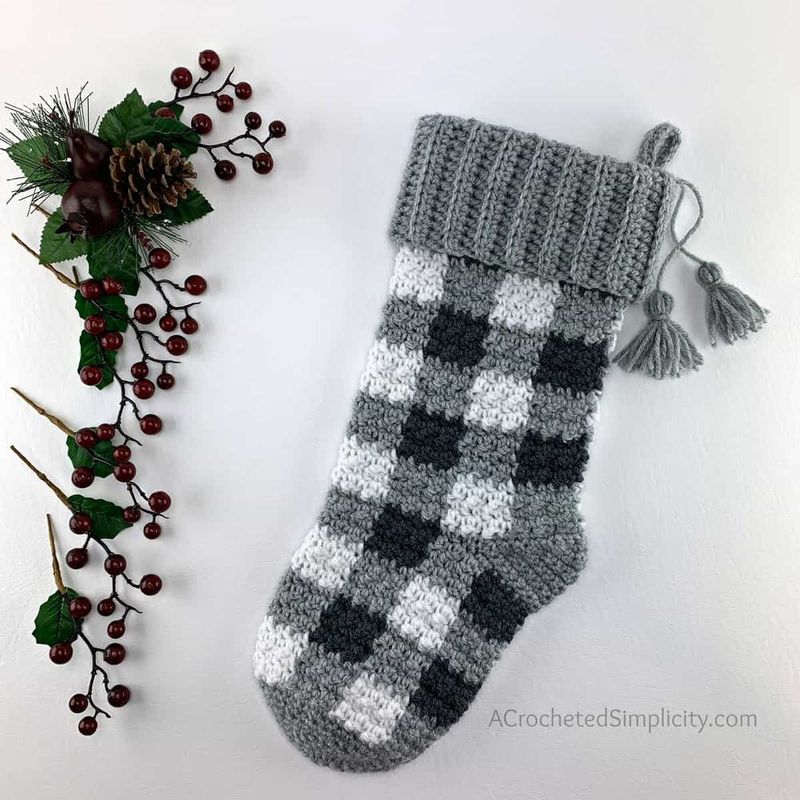 Buffalo Plaid Christmas Stocking free crochet pattern by A Crocheted Simplicity