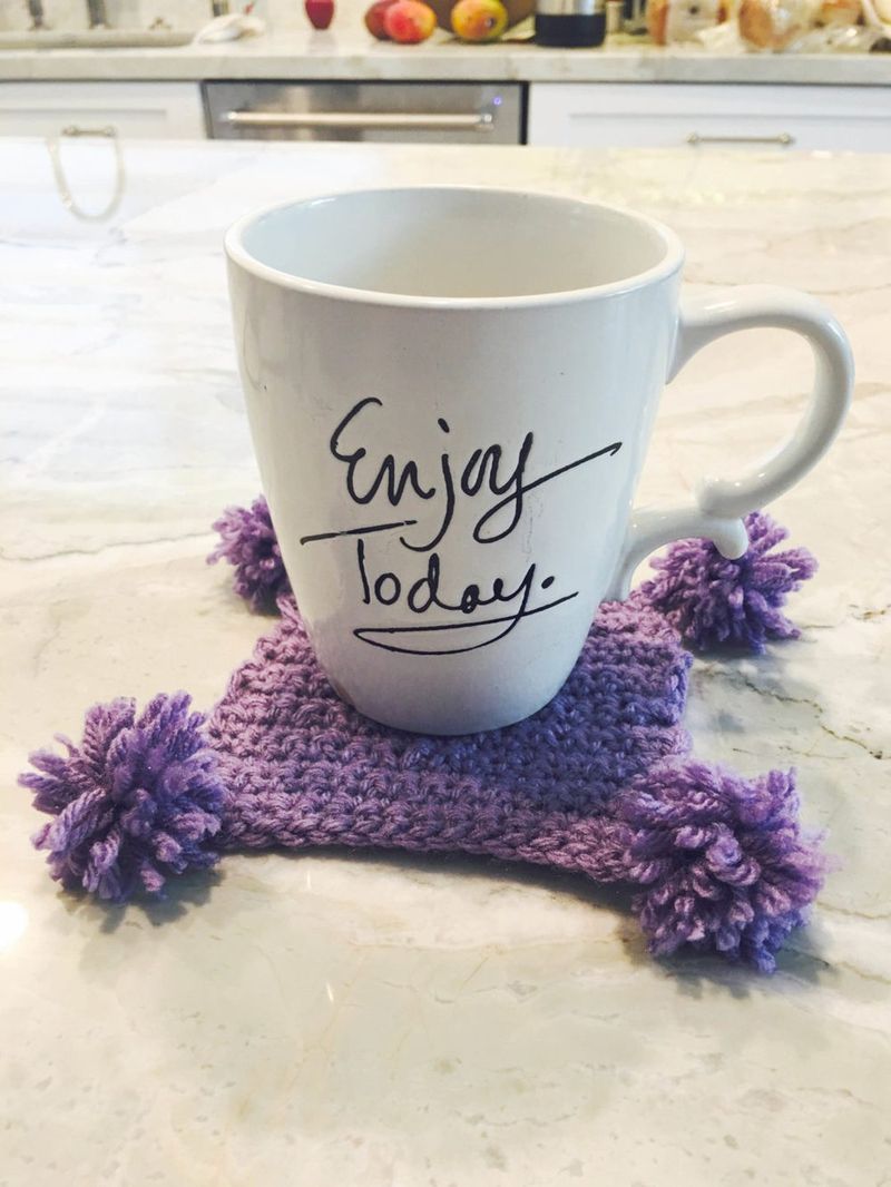 Easy Peasy Pompom Coasters free crochet pattern by Debbie