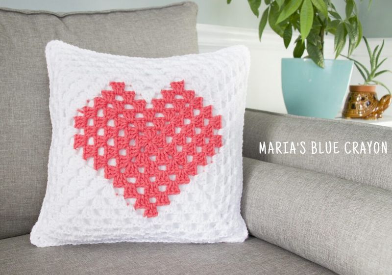 Granny Square Heart Pillow free crochet pattern by Maria Weaber
