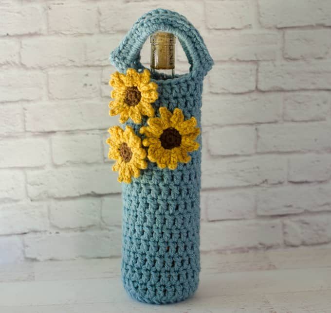 Crochet Sunflower Wine Cozy free crochet pattern by Crochet 365 Knit Too