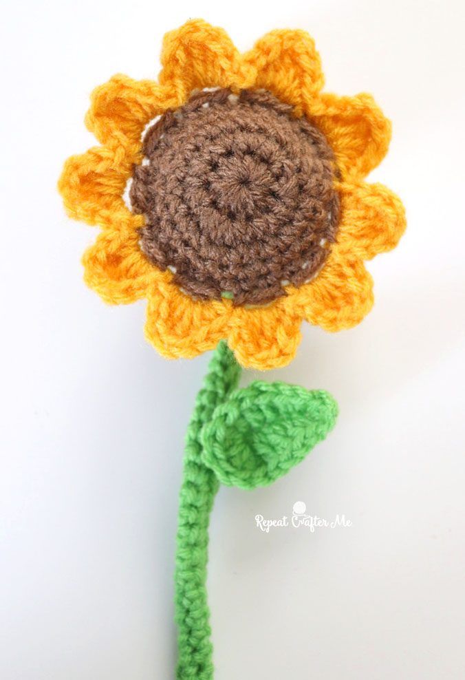 Crochet Sunflower with Stem free crochet pattern by Repeat Crafter Me
